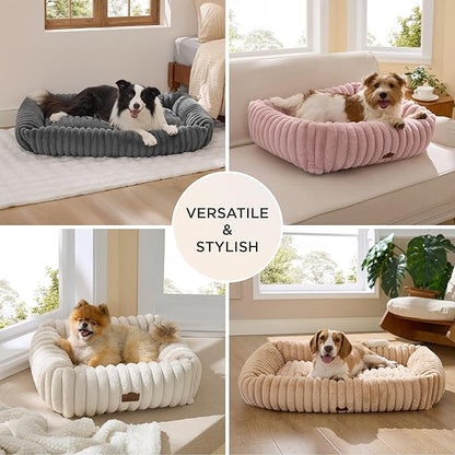 Bedsure ComfyFleece™ Cute Dog Beds Large Sized Dog - Washable Furry Pet Beds, Rectangle Orthopedic Corduroy Fleece Puppy Beds with Removable Zipper Cover, 36x27x8inches, Cream