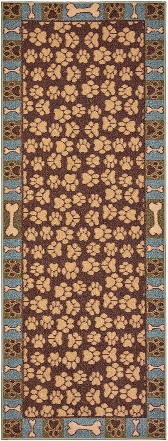 Pet Paw and Bone Design Brown Aqua Blue Printed Slip Resistant Rubber Back Latex Runner Rug (Brown Teal, 23" x 7')