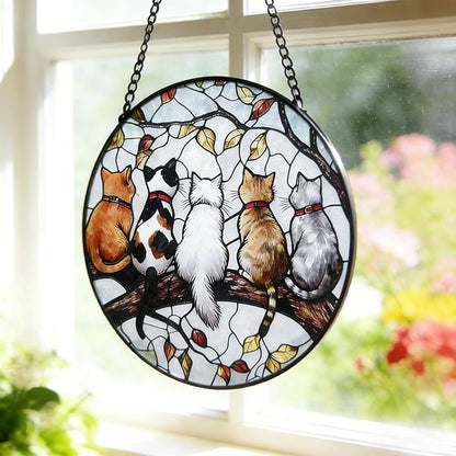 Cat Suncatcher Stained Glass Window Hanging (7.8 in) - Gifts for Cat Lovers Women Mom Grandma Friend Teacher Birthday and Housewarming Wall Art Decor for Kitchen Living Room Indoor Windows