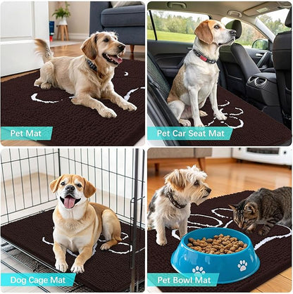 OLANLY Dog Door Mat for Muddy Paws 40x24, Paw Print Design, Absorbs Moisture and Dirt, Absorbent Non-Slip Washable Doormat, Quick Dry Chenille Mud Mat for Dogs, Entry Indoor Entryway Carpet, Brown