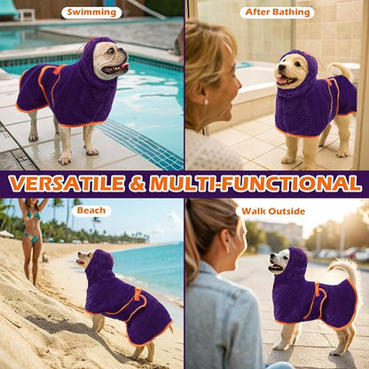 EXPAWLORER Soft Dog Bathrobe with Hood, Super Absorbent & Quick-Drying Dog Towels, Cozy Drying Coat for After Bath,Swimming, Purple L