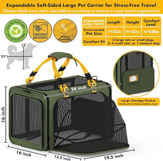 PAWZIDEA Large Pet Carrier Expandable, 24"×16"×16" Soft-Sided Cat Carrier for 2–4 Cats up 55lb, Portable & Collapsible Small Medium Dog Travel Crate for Car, XL Storage Pocket, ID Card, Shoulder Strap