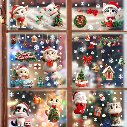Christmas Window Clings Cat Stickers for Window Glass, 9 Sheets Xmas Decorations Christmas Cat Tree Bells Decals for Holiday Party(Cat2340)
