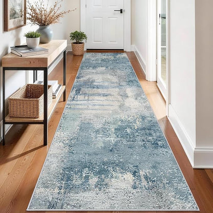 Washable 3x12 Hallway Runner Rug: Washable Non-Slip Carpet for Long Entryways Kitchen Living Room - Abstract Modern Neutral Thin Low Pile Runners 3x12 Blue