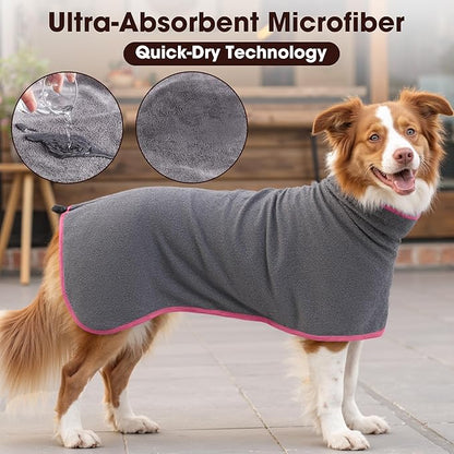 Microfibre Dog Bathrobe Towel Wrap Super Absorbent Dog Drying Coat Bath Robe for Puppy, Medium & Large Dogs, Fast Drying, Adjustable