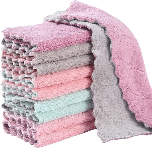 10Pack Kitchen Cloth Dish Towels,Super Absorbent Coral Velvet Dishtowels,Nonstick Oil Washable Fast Drying,Double-Sided Dish Towel,Used for Table Dish Glass Pet Paw（5Colors）