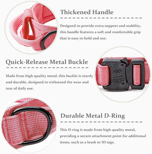Tactical Dog Collar, Adjustable Military Training Nylon Dog Collar with Control Handle and Heavy Quick-Release Metal Buckle for Small Medium Large Dogs, Light Pink XL