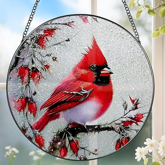 Stained Glass Window Hanging, DOUHASU 8 Inch Cardinal Stained Glass Suncatcher Ornement, Window Decor, Sympathy Gift, Cardinal Gifts for Women