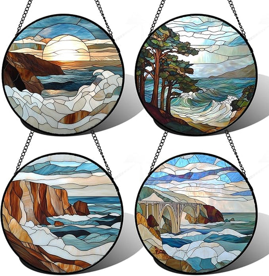 Stained Glass Window Hanging 4 Pcs Set Ocean Waves 6.3" - Blue and White Sea Suncatcher Door Garden Sun Catcher Decor Birthday Christmas for Mom Woman Nana Men