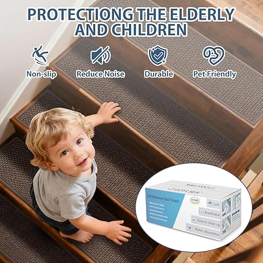 Peel and Stick Self Adhesive Jute Carpet Stair Treads, 15 Pack Rubber Backed Basement Safety Stair Mats, Non Slip Stair Cover Step Pads for Stairs, Light Brown