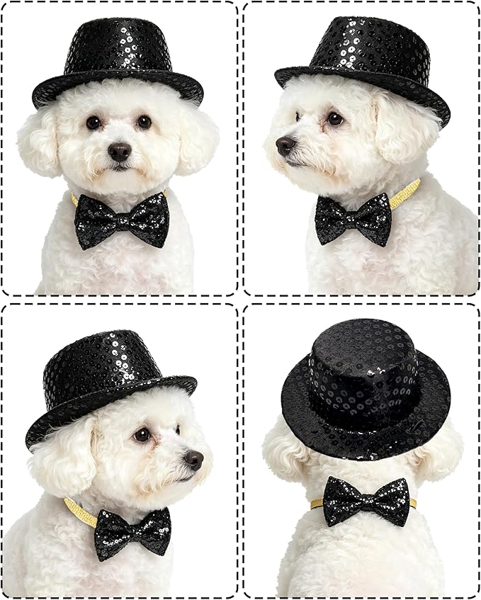 PET SHOW 2 Pack Small Dog Top Hat & Collar Bowtie Black Adjustable Cat Sombrero Hat Formal Bow Tie Halloween Cosplay Costume New Year Pet Birthday Party Holiday Decoration