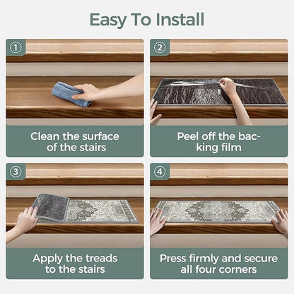 Non Slip Stair Treads for Wooden Steps 15PCS - 8"x30" Indoor Safety Carpet, Edging Mats with TPE Adhesive Backing, Pet and Elderly Friendly Stair Rugs (Tawny Grey)