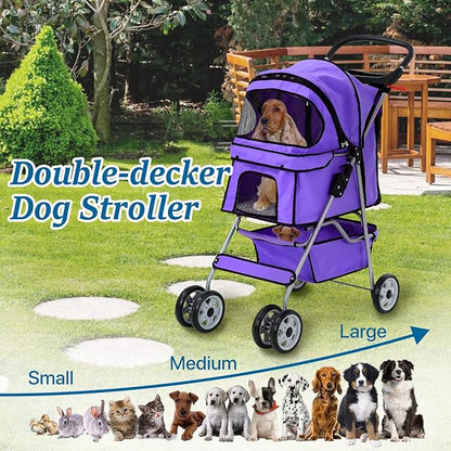 HHS Dog Strollers for Small Puppy Pet Stroller Dogs Cat 2, 4 Wheel Folding Travel Jogger Strolling Cart with Storage Basket, Cup Holder, Removable Liner, Purple, 17.5 (L) x 33 (W) x 38.6 (H) inches