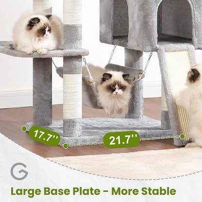 Gitelsnour Cat Tree for Indoor Cats, 71'' (180cm) Multi-Level Cat Tower for Large Adult, Sturdy Cat Tree House with 2 Scratching Boards 7 Posts, 2 Plush Perches/Condos, Hammock, Light Gray GCT032W