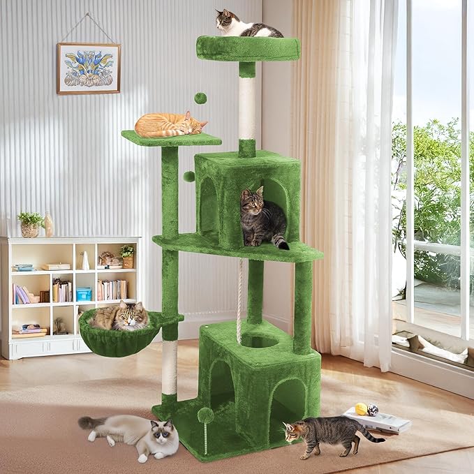 Cat Tree, 54-Inch Cat Tower for Indoor Cats, Soft Plush Multi-Level Climbing Cat Condo with Scratching Posts, Basket, Perches,2 Caves,2 Pompoms Play House for Cat(Green)