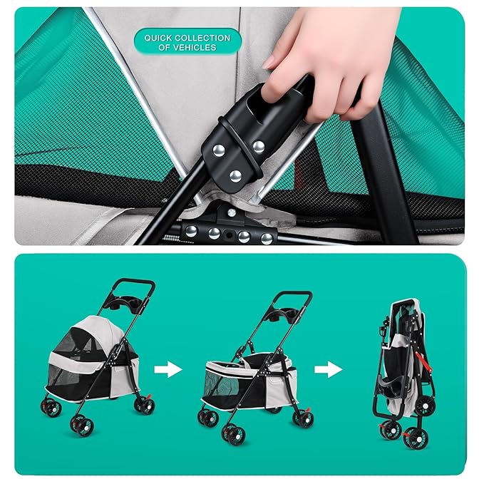 4 Wheels Pet Stroller for Medium Small Dog up to 50lbs, Dog Cat Stroller, Outdoor Travel Pet Folding Strollers, Cat Cage Strollers with Cup Holder, Breathable and Visible Mesh (1 Set-Grey)