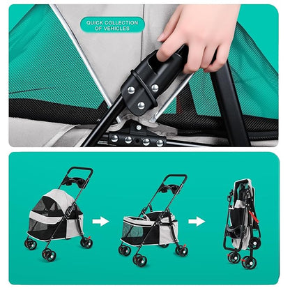 4 Wheels Pet Stroller for Medium Small Dog up to 50lbs, Dog Cat Stroller, Outdoor Travel Pet Folding Strollers, Cat Cage Strollers with Cup Holder, Breathable and Visible Mesh (1 Set-Grey)