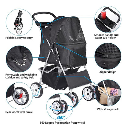 4 Wheels Foldable Pet Dog Cat Jogger Stroller Travel Carrier Strolling Cart w/Waterproof Cover Storage Basket Cup Holder & Removable Liner for Medium Small Cat Dog, Black