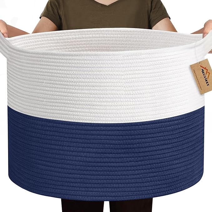 115L Super Large Blanket Basket, Cotton Rope Woven Bin for Toy, Clothes, Laundry, Shoes, Toy Box for Living Room, Oversized Organizer, XXXL Jumbo Basket for Blankets, 23.6"x15.7", Navy Blue