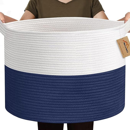 115L Super Large Blanket Basket, Cotton Rope Woven Bin for Toy, Clothes, Laundry, Shoes, Toy Box for Living Room, Oversized Organizer, XXXL Jumbo Basket for Blankets, 23.6"x15.7", Navy Blue
