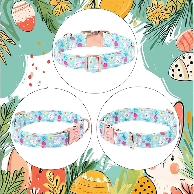 Easter Dog Collar, Cute Blue Bunny Easter Collar for Boy Girl Dogs, Adjustable Heavy Duty Spring Holiday Dog Collars for Small Medium Large Dogs with Metal Buckle L