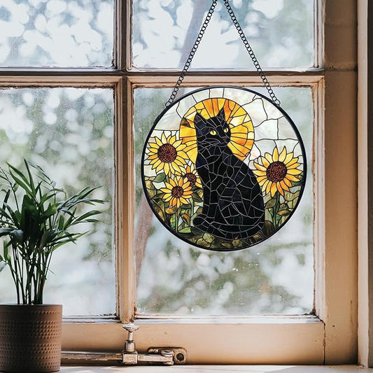 Black Cat Sunflower Stained Glass Window Hanging Suncatchers, Sunflower Flower Black Cat Sun Catchers Indoor Window Glass Wall Art Decor, Floral Wall Hanging Decorations Sculptures, 7.9x7.9in