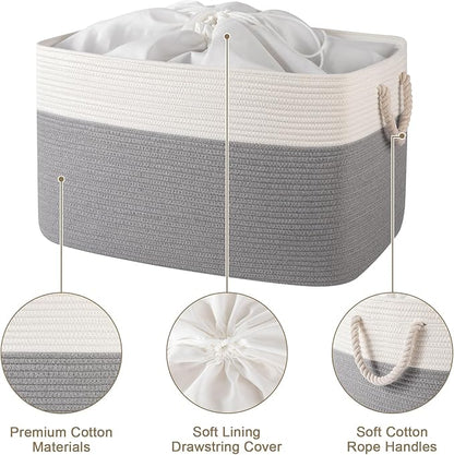 95L Extra Large Blanket Basket with Lid, 24" x 16.9" x 14.2" Woven Storage Basket for Living Room, Rectangle Nursery Blanket Storage for Toys, Towels, Dirty Clothes, Grey & White
