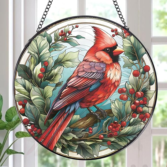 Cardinal Stained Glass Window Hanging Decor, 7.8″ Sun Catchers Stain Glass Window Hanging Indoor, Bird Suncatcher Home Wall Art Gift for Thanksgiving Christmas Housewarming