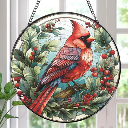 Cardinal Stained Glass Window Hanging Decor, 7.8″ Sun Catchers Stain Glass Window Hanging Indoor, Bird Suncatcher Home Wall Art Gift for Thanksgiving Christmas Housewarming