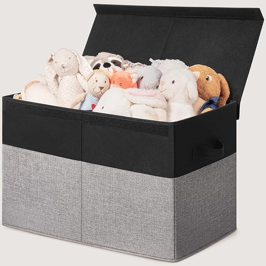 INDRESSME 25"x13"x16" Large Storage Box, Storage Organizer Collapsible Bins with Lids, Playroom, Living Room, Storage Baskets (Black & Grey)