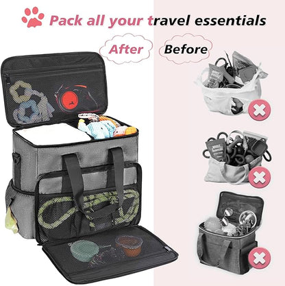 5 Set Dog Travel Bag for Supplies, Dog Lovers, Large Pet Travel Kit Includes 2 Food Containers&2 Collapsible Bowls、Placemats,Grey