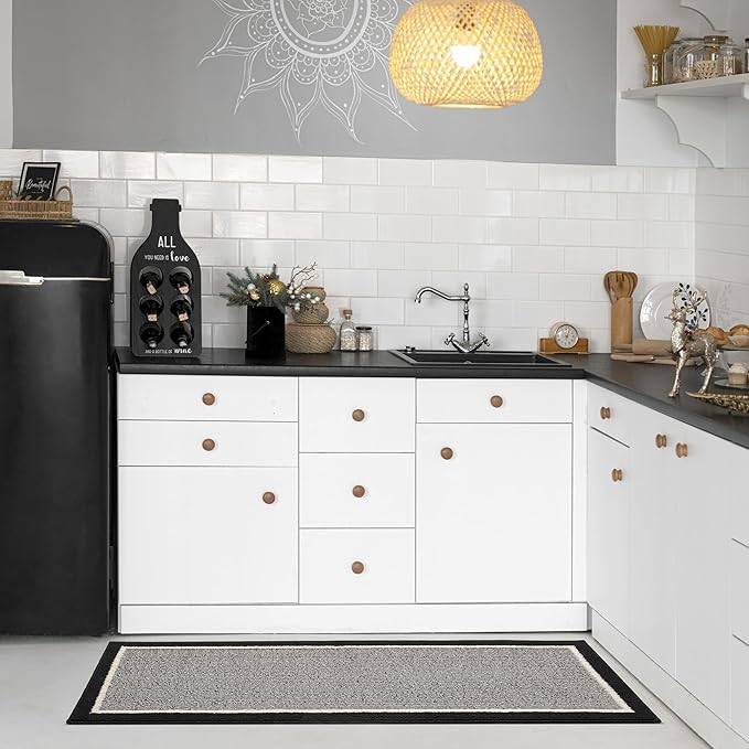 GRANNY SAYS Kitchen Mats for Floor, Kitchen Rugs Non Slip Washable, Runner Rugs for Kitchen Floor, 59" x 17.7", Stain Resistant Comfort Standing Mat Made of 100% Polypropylene, Black - White Stripes