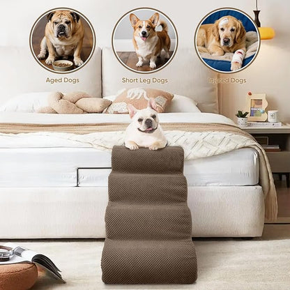 PAWSCART Pet Stairs for Dogs 4-Step, 19.6" H Pet Stairs for High Bed, Couch Sofa & Chair, 30D Material Soft Foam Dog Steps with Non-Slip Bottom Surface Removable Washable Cover, Brown