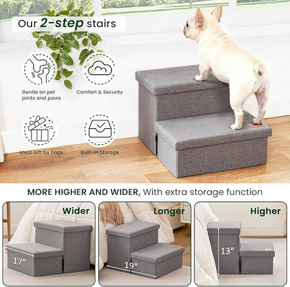 Love's cabin Dog Stairs with Storage 13" H, Foldable Pet Stairs for Small Medium or Large Dogs, Cat Puppy Steps Ramp with Zip up to 150 lbs, Solid Grey, 2 Steps
