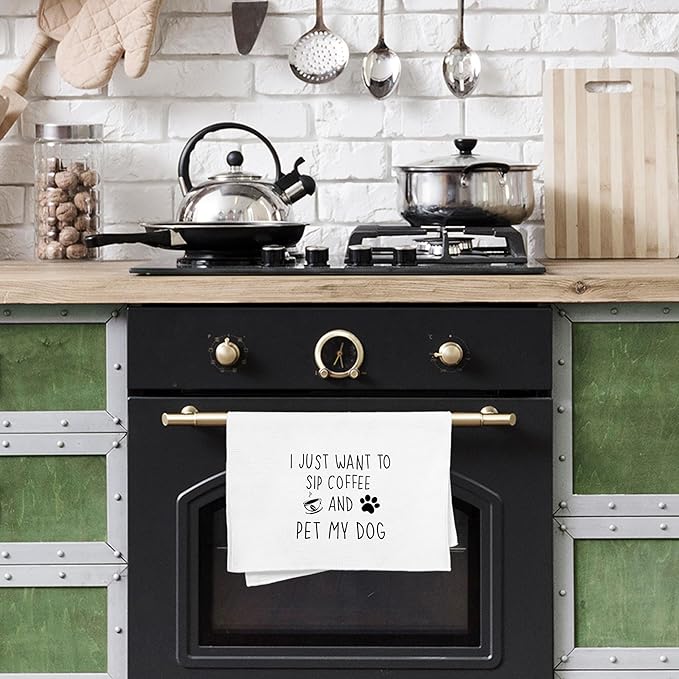 Funny Coffee Kitchen Towels 16x24 - Dog Kitchen Towels, Coffee Kitchen Decor, Coffee Towels Gifts for Coffee Bar, Funny Kitchen Decor, Dog Lovers Gifts, I Just Want to Sip Coffee and Pet My Dog