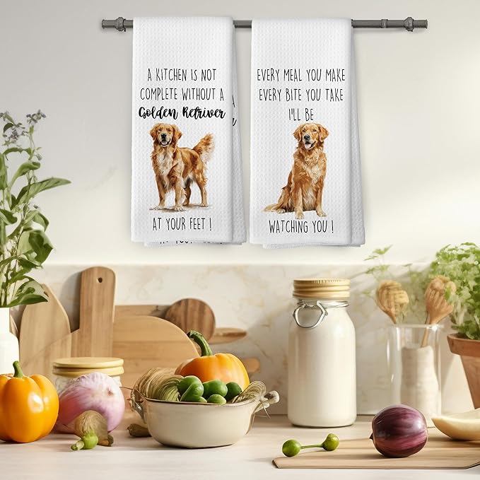 Golden Retriver Dog Kitchen Towels Set of 2, Funny Dog Kitchen Decor, Dogs Gifts for Women Men Hand Towel, Pet Owner Gift Decorative Tea Towels Dish Towel 16x24 Inch