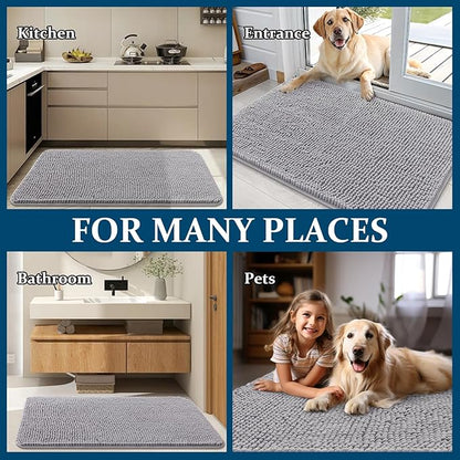 OLANLY Dog Door Mat for Muddy Paws 44x32, Absorbs Moisture and Dirt, Absorbent Non-Slip Washable Doormat, Quick Dry Chenille Mud Mat for Dogs, Entry Indoor Entryway Carpet for Inside Floor, Light Grey