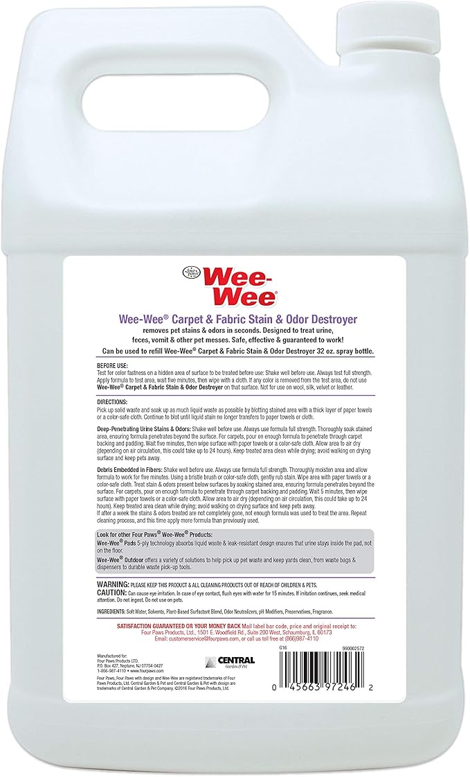 Four Paws Wee-Wee Pet Stain and Odor Eliminator for Carpet Stains 128 Ounces
