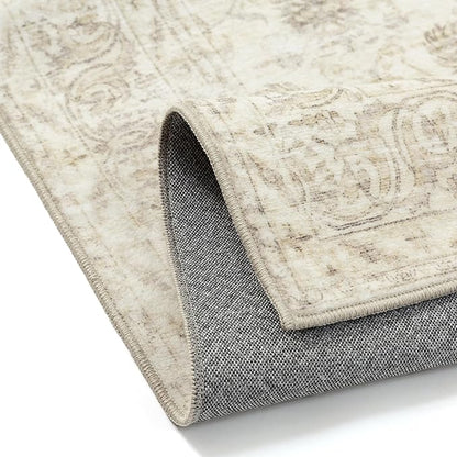 2x6 Runner Rug Machine Washable Hallway Kitchen Vintage Distressed Non Slip Carpet Indoor Small Long Low Pile Thin Beige Bedroom Bathroom Retro Accent Throw Rug Laundry Living Room