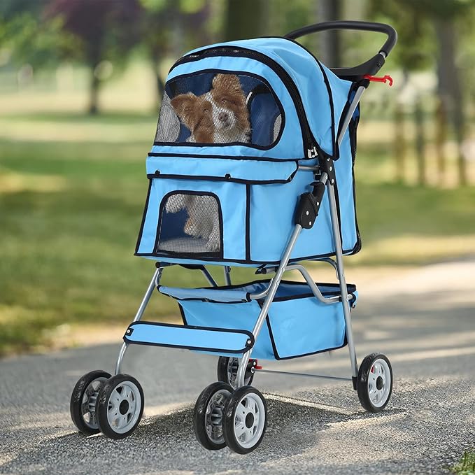 4 Wheels Dog Stroller, Foldable Pet Stroller for Small Medium Dogs, Portable Breathable Cat Stroller Dog Strollers with Storage Basket, Cup Holders, Removable Liner for Travel & Outdoor Use, Blue