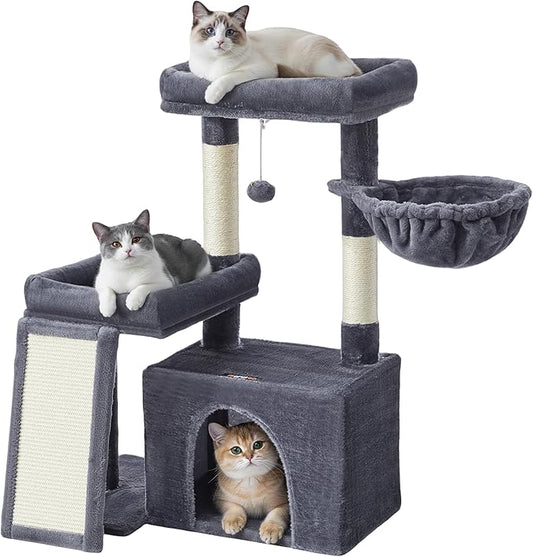 Feandrea Cat Tree, Cat Tower Condo with Scratching Posts and Ramp, 2 Large Perches, Cave, Basket, 33.8 Inches Tall, Dark Gray UPCT013GS02S