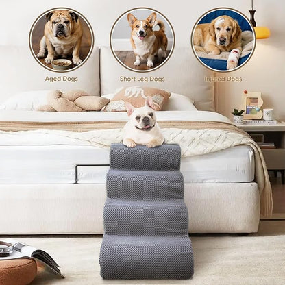 PAWSCART Pet Stairs for Dogs 3-Step, 15.7" H Pet Stairs for High Bed, Couch Sofa & Chair, 30D Material Soft Foam Dog Steps with Non-Slip Bottom Surface Removable Washable Cover, Grey
