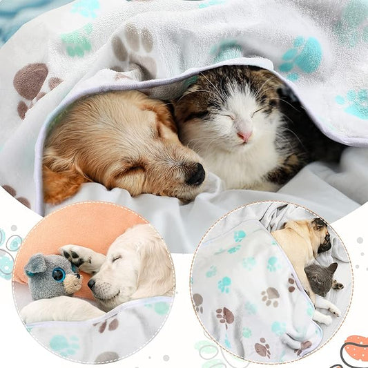 Tatuo 4 Pcs Dog Blanket for Pet Cat Blankets Indoor Puppy Teething Stuff Toys Paw Print Fleece Soft Blanket Sleep Mat for Guinea Pig Cage(Milky White,Small(24 x 16 Inch),Square)