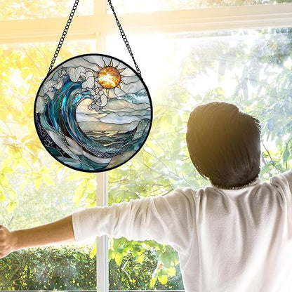 Stained Glass Window Hanging, Blue Night Moon Lake Sun Catchers Colorful Glass Panel Landscape Suncatcher Decor for Birthday for Women, Men, Wife, Aunt, and Mom 11.8x11.8 in
