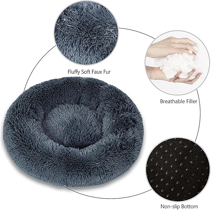 Calming Dog Bed for Medium Dogs Cats, Puppy 31'' Round Anti-Anxiety Warm Fluffy Plush Faux Fur Bed, Soft Anti-Slip Donut Washable, Cozy Medium Puppy Bed, Fits up to 50 lbs Pets