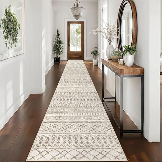 KUTA Boho Runners for Hallways 2.6x16 ft Moroccan Beige Washable Long Hall Carpet Non-Slip Vintage Soft Distressed Geometric Kitchen Runner Rug for Bedroom Laundry Living Room