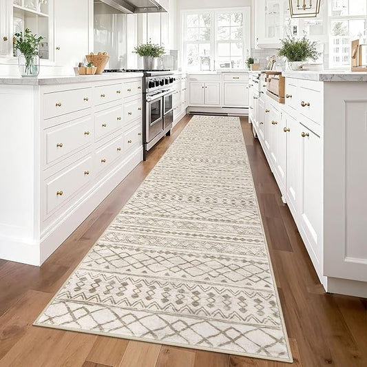 KUTA Boho Runners for Hallways 2.6x14 ft Moroccan Beige Washable Long Hall Carpet Non-Slip Vintage Soft Distressed Geometric Kitchen Runner Rug for Bedroom Laundry Living Room