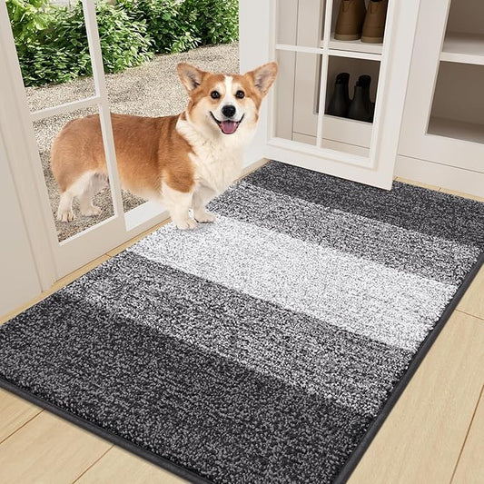 Smiry Dog Door Mat for Muddy Paws, Absorbs Moisture and Dirt, Low-Profile Entryway Mat with Non-Slip Backing, Entry Indoor Outdoor Doormat for Inside Floor (36x24 Inches, Grey, Striped)