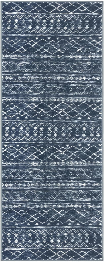 KUTA Moroccan Washable Runner Rug 2.6x8, Non-Slip Vintage Navy Blue Boho Hallway Runners Rugs Ultra Soft Print Distressed Geometric Floor Carpet for Bedroom Laundry Living Room
