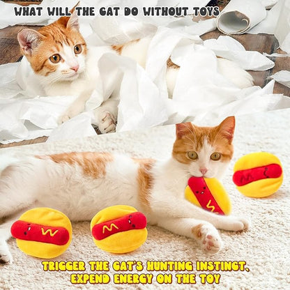 L1rabe Hot Dog Catnip Stuffed Toys - 5 Summer Gift Funny Hot Dog Cat Toys Indoor Yellow Interactive Pet Supplies, Kitten Chew Bite Tools Cat Lovers Gifts, Organic Eco-Friendly Birthday Present